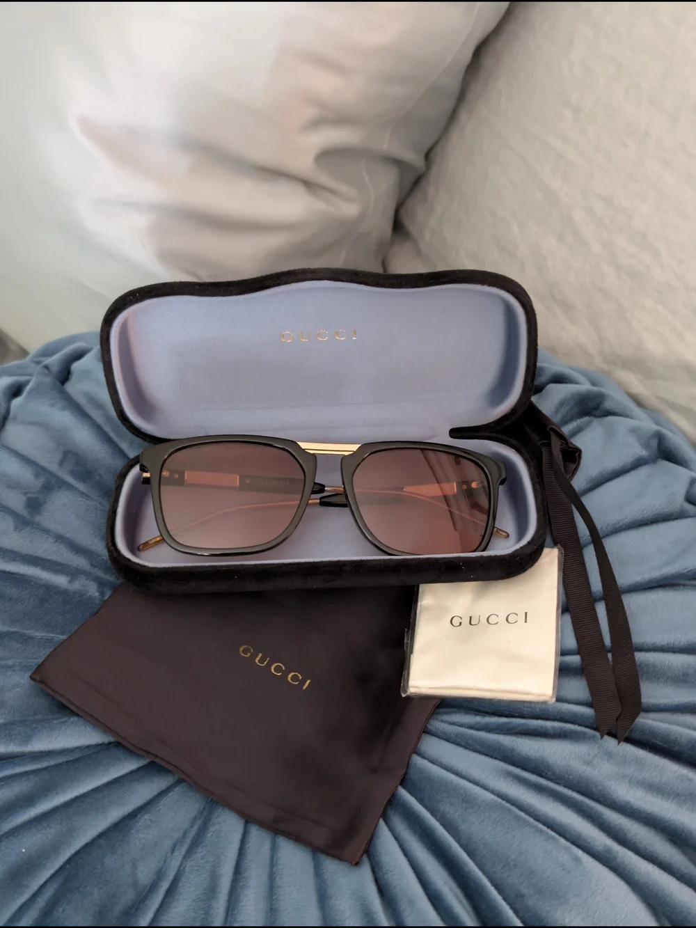 NWT Gucci Square Double-Bridge Sunglasses in Black/Gold (Complete Set) Unisex
